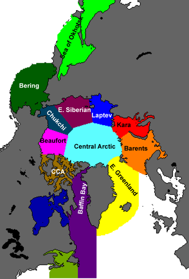 Map of defined regions in the Arctic Ocean. Image courtesy of the National Snow and Ice Data Center (NSIDC).k