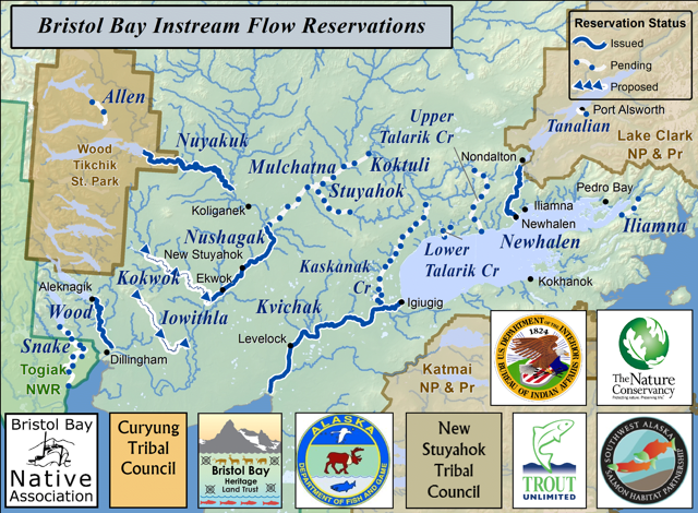 Map of salmon stream habitat areas that will be affected by the proposed Pebble Mine project in Bristol Bay. Map courtesy of Bristol Bay Native Association Environmental Department. Editor&#39;s note: This image was updated on 9 January 2020.