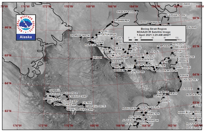 Figure 1. Satellite image of the Bering Strait region on 2 April 2021 provided for the Sea Ice for Walrus Outlook for the second outlook of the 2021 season by the National Weather Service Alaska Sea Ice Program.