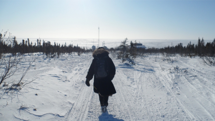 Figure 3. The late Margaret Hemnes from Nome walking to the tribal hall in the Village of Koyuk, Alaska in 2011. Photo courtesy of Jordan P. Lewis.