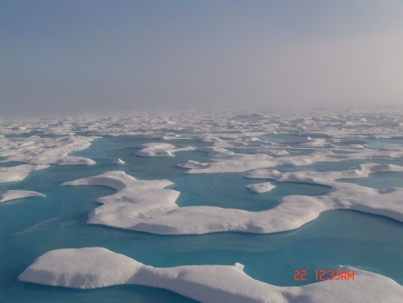 On a clear summer day, a series of interlocking melt pools show as beautiful aquamarine reminiscent of shallow tropical lagoons. Photo courtesy of Dr. Pablo Clemente-Colon, Chief Scientist National Ice Center.