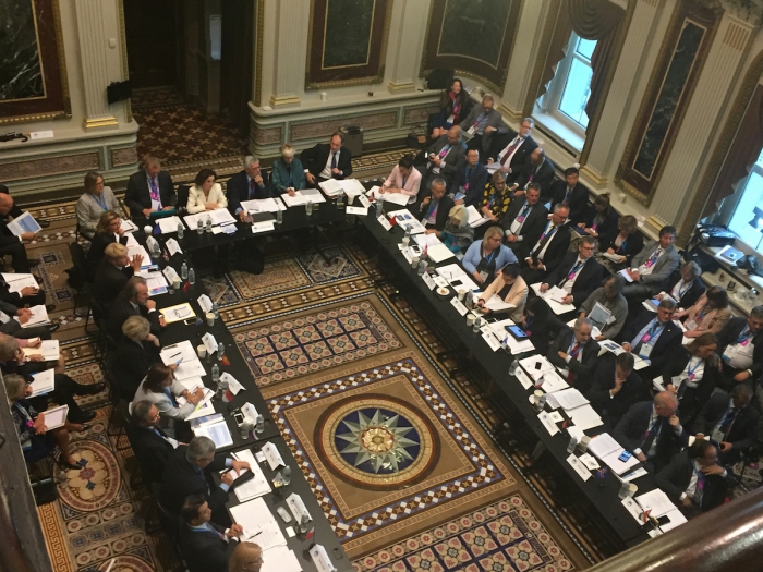 Inaugural Arctic Science Ministerial meetings in 2016 convened in the Indian Treaty Room of the White House Eisenhower Executive Office Building in Washington D.C. Seated top from the left is NSF Director France A. Cordova (white); John Holdren, Director of the White House Office of Science and Technology Policy under President Obama; Fran Ulmer, Chair of the U.S. Arctic Research Commission; and Mark Brzezinski, Makena Capital, LLC. Photo courtesy of John Farrell.