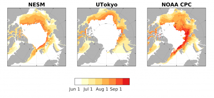 Figure 5. 2017 July Sea Ice Outlook predictions of Ice Free Dates (IFD) from 3 dynamical models.