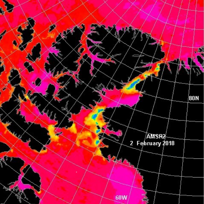 Figure 14. Note that the grid of latitude and longitude is at intervals of one and five degrees, respectively. In a quiet period with low southern winds &#39;an apron&#39; of new ice forms in front of the Ice Bridge as seen in Figure 13 extending more than 40 km southwards and in this case mostly along the shore of Greenland (Inglefield Land). (Image courtesy of Preben Gudmandsen)