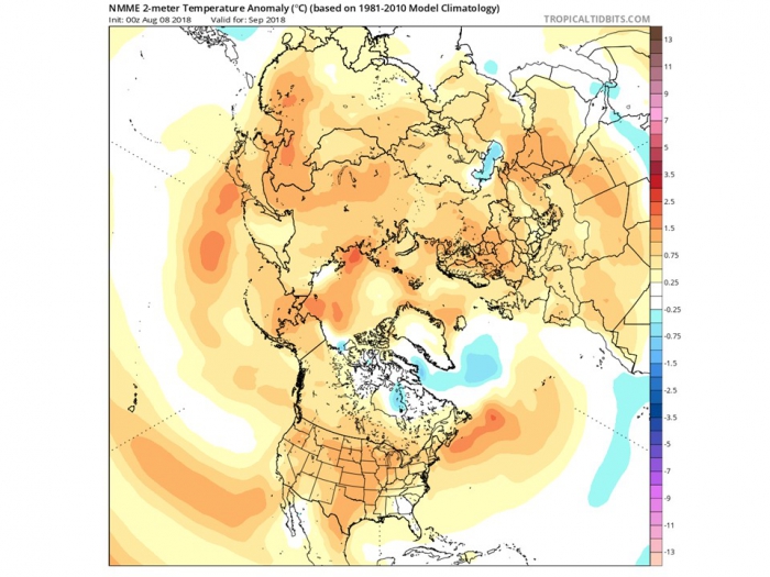 Figure 15. Departures from normal 2-meter air temperatures (°C) for September 2018 from the North American Multi-Model Ensemble (NMME). 