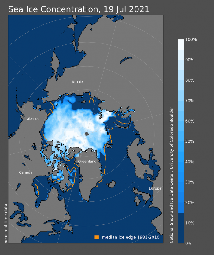 Figure 4. Sea-ice concentration map for 19 July 2021 and 1981–2010 median ice edge (orange). Figure courtesy of the NSIDC Arctic Sea Ice News and Analysis.