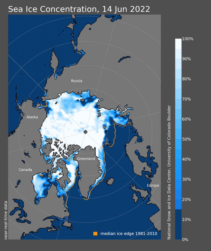 Figure 13. Sea-ice concentration on 14 June 2022. The yellow line outlines the climatological boundary of the ice edge (1981–2010). Figure courtesy of the National Snow and Ice Data Center, University of Colorado, Boulder