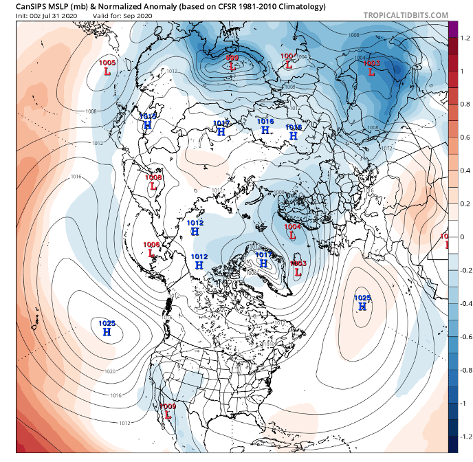 Figure 19. Forecast of September mean sea-level pressure from Canada&#39;s CanSIPS model. Black contour lines show actual pressures; red and blue shading denotes above- and below-normal pressures, respectively. Plots courtesy of Tropical Tidbits. 