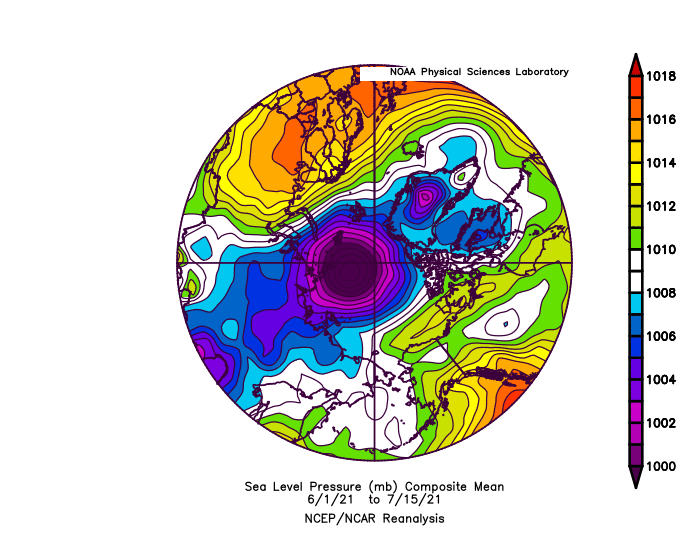 Figure 7. Sea level pressure for 1 June through 15 July 2021. Figure courtesy of the NOAA/ESRL Physical Sciences Laboratory, Boulder Colorado, Kalnay et al., 1996.