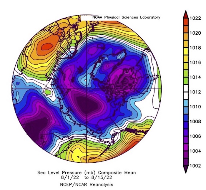 Figure 13. Sea-level pressure for 1–15 August 2022. From NCEP/NCAR Reanalysis.