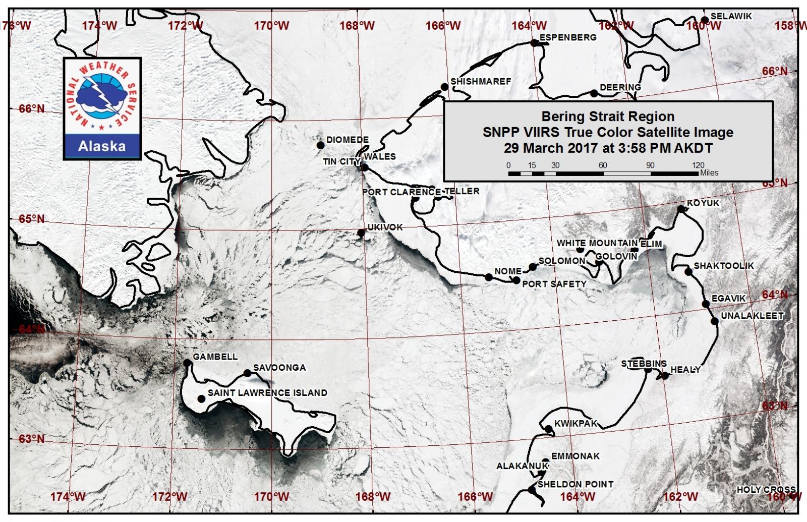 Bering Strait region true color satellite image