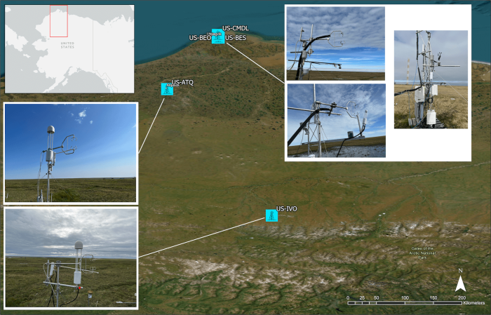 Figure 4. Eddy covariance tower system samples across more than 300 kilometers of Alaska's Northern Slope and across three vegetation communities in Utqiaġvik, AK. This extensive collection creates a cohesive, long-term picture of climate effects on Northern Latitudes. Photo courtesy of Kyle Lunneberg.