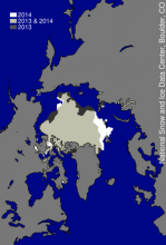 This image compares differences in ice-covered areas between September 17, 2014, the date of this year’s minimum, and last year’s minimum, September 13, 2013. 